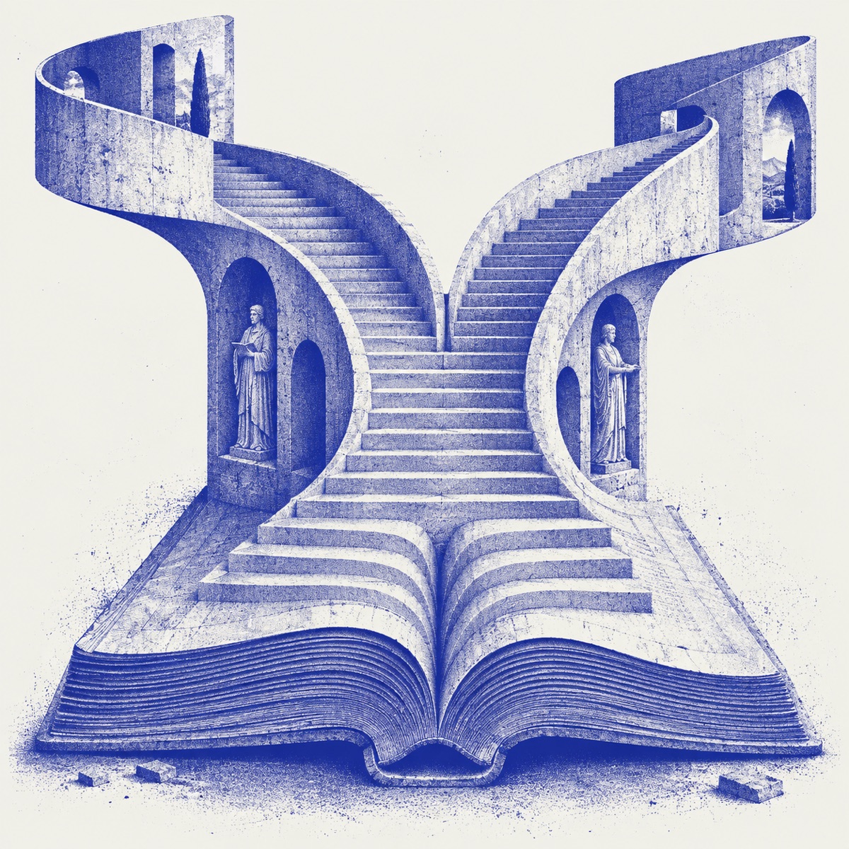 Un livre dont les pages deviennent des escaliers : le savoir qui ouvre de nouvelles possibilités.